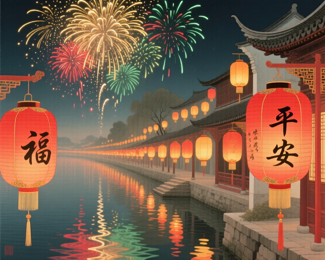 Fireworks bursting over a river lined with red lanterns, lit by hundreds of small hanging lanterns