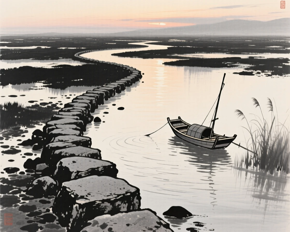 A stone causeway crossing a shallow tidal flat with the last light of dusk catching the water's surface, captured from a narrow path winding into the depth of the scene, with a small fishing boat anchored near the reeds, carrying a feeling of timeless peace and stillness.