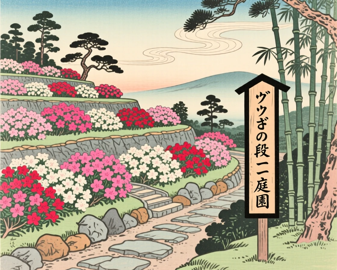 A terraced azalea garden, bordered by carefully placed stones.