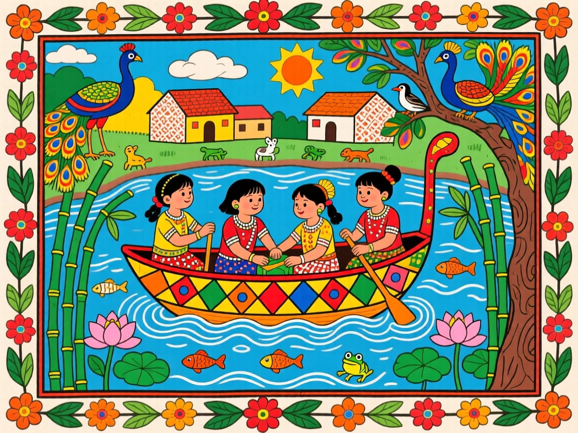 A group of children building a small boat to float on a village pond.