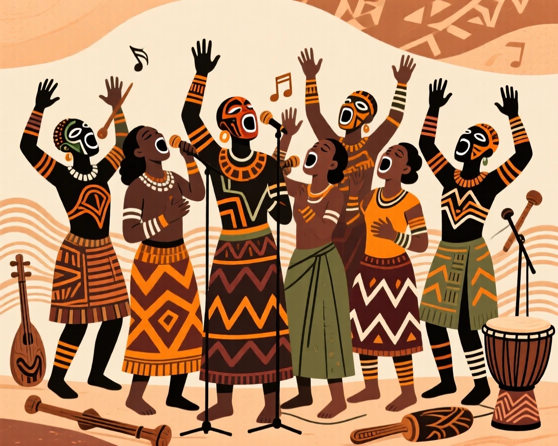 A chorus of singers building to a powerful rhythmic crescendo.