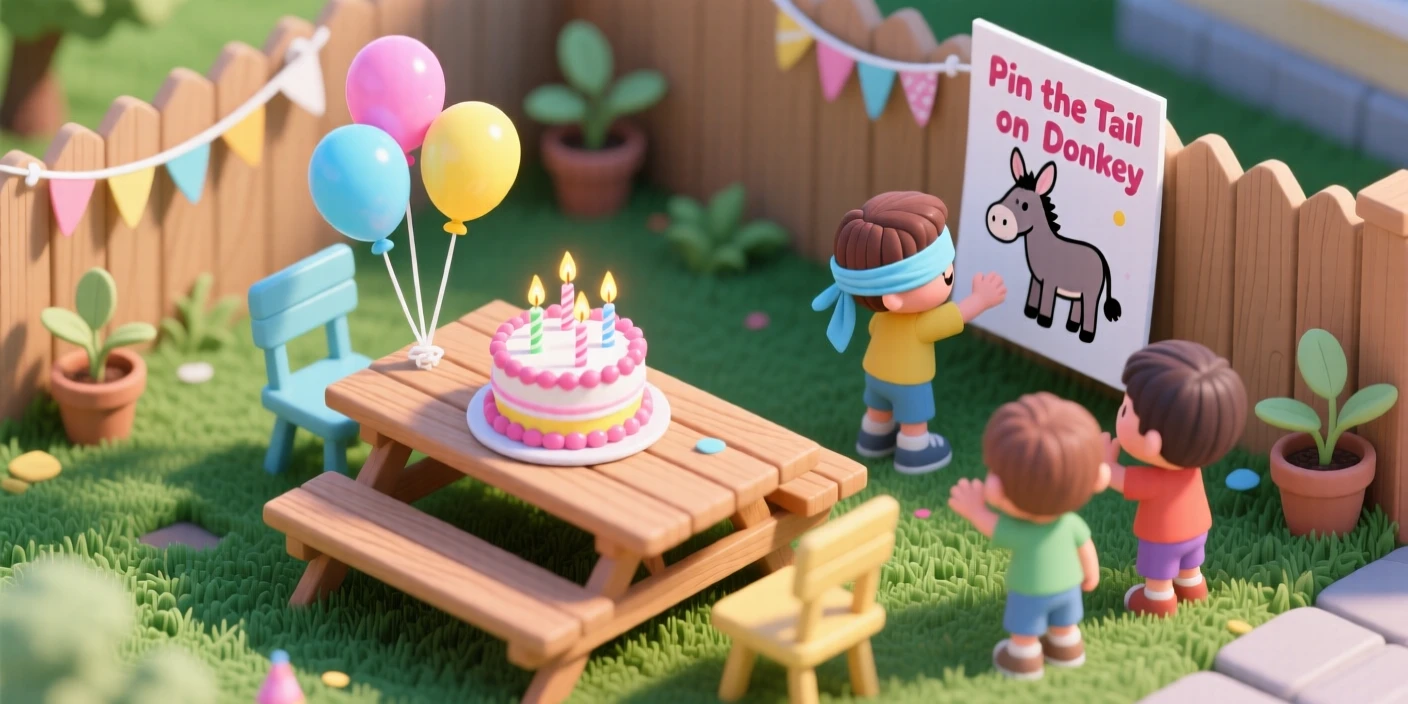 A birthday party scene in a backyard, balloons tied to chairs, a cake with lit candles, and children playing a game of pin the tail on the donkey.