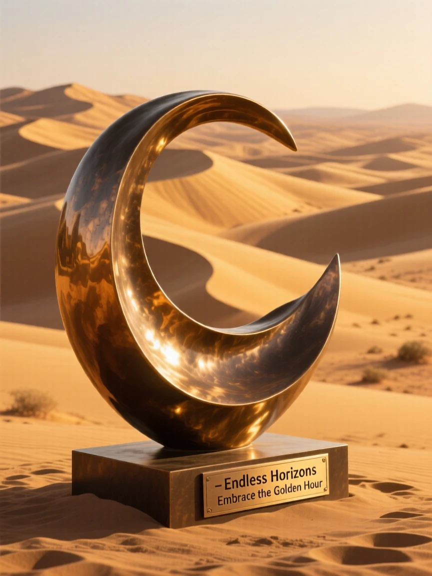 A vast desert landscape with rolling golden dunes, bathed in the warm hues of golden hour, offering a breathtaking sense of place