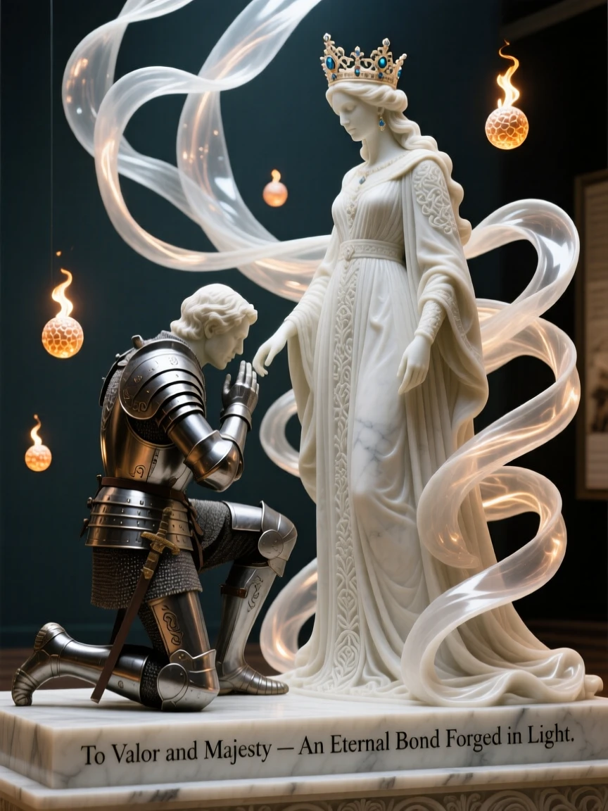 An epic scene of a knight kneeling before a queen, surrounded by swirling light and floating embers, evoking myth and grandeur