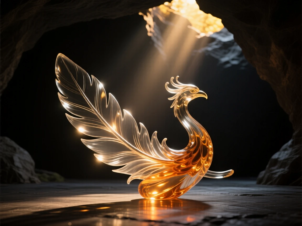 A phoenix feather glowing softly in a dark cave at golden hour with warm rays breaking through the clouds, epic scale composition, inspiring a sense of wonder and hope.