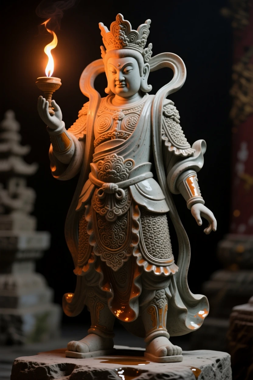 A temple guardian statue standing watch captured mid-ceremony with solemn dignity, lit by flickering torchlight, conveying quiet authority and enduring legacy.