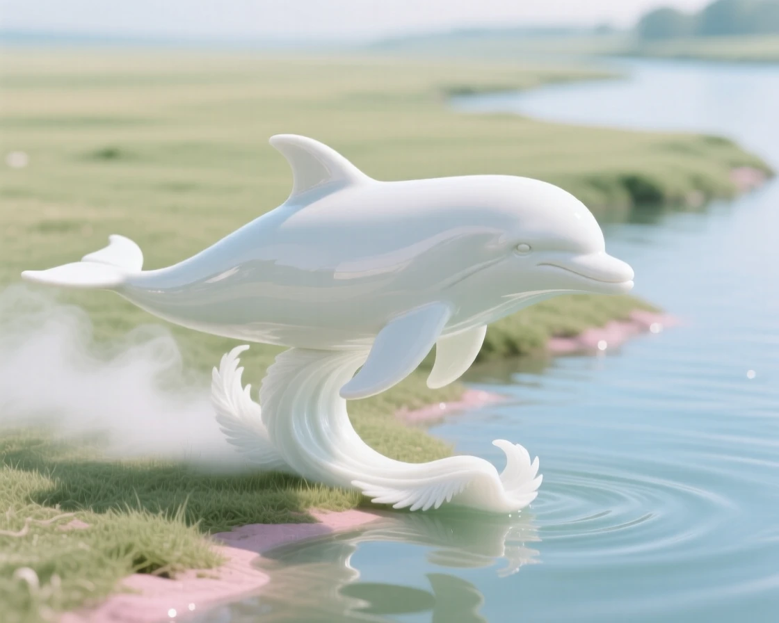 A proud dolphin running freely across an open plain in a tranquil riverside, mist curling around its legs.