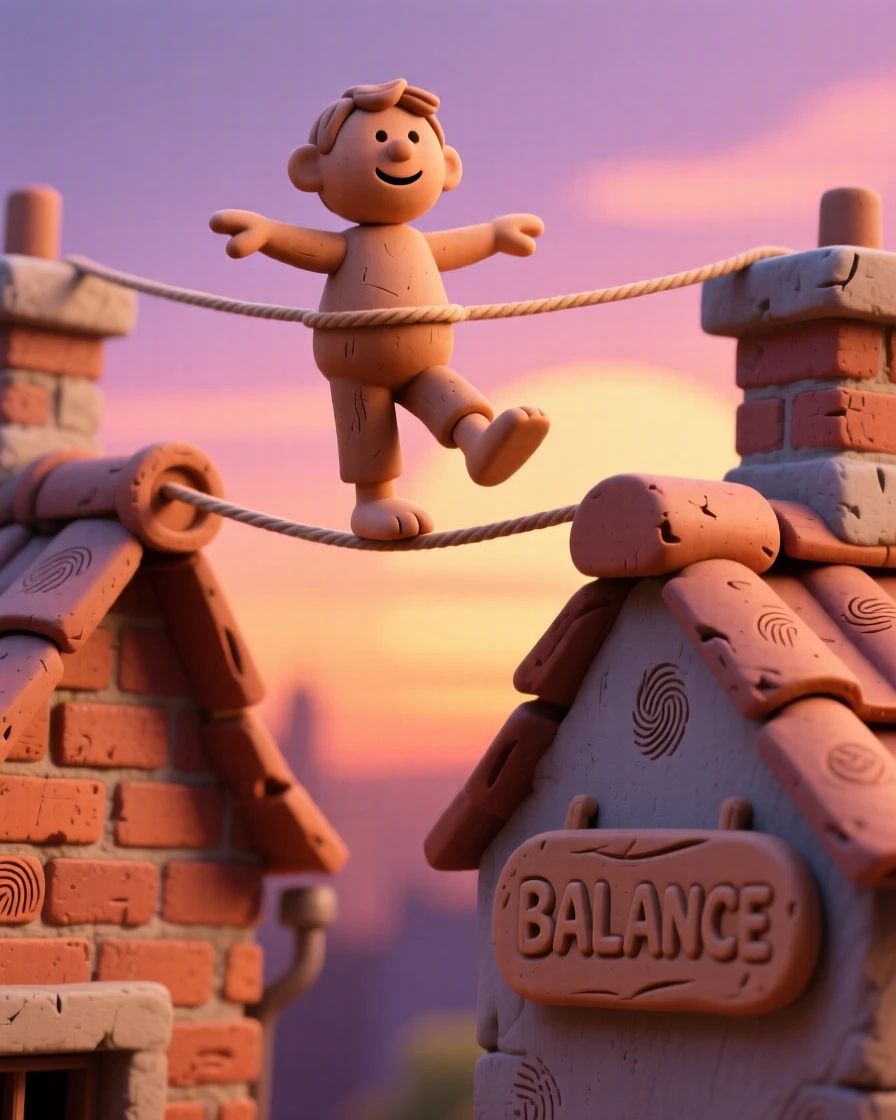 A tightrope walker balancing gracefully between two rooftops at sunset