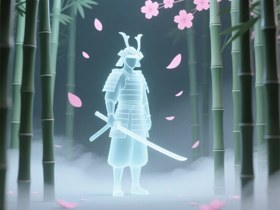 A stoic samurai ghost drifts through a foggy bamboo grove, translucent armor glowing faintly beneath cherry blossoms.