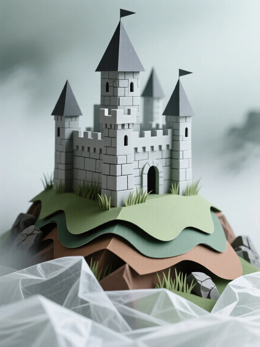 A centuries-old stone castle perched atop a misty hill, its towers rising above dense fog, evoking mystery and timeless power.