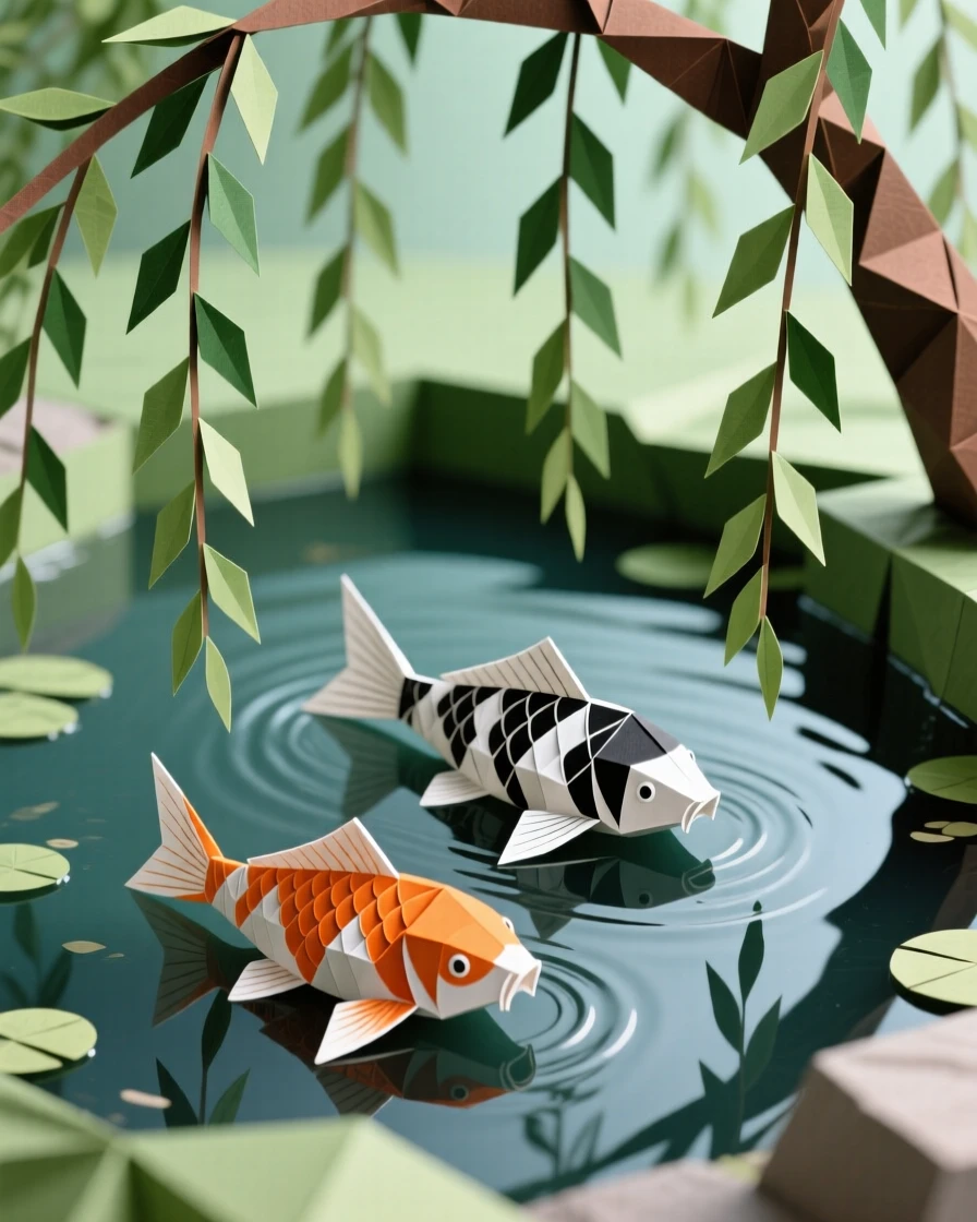 A tranquil koi pond framed by weeping willow branches trailing into the water.