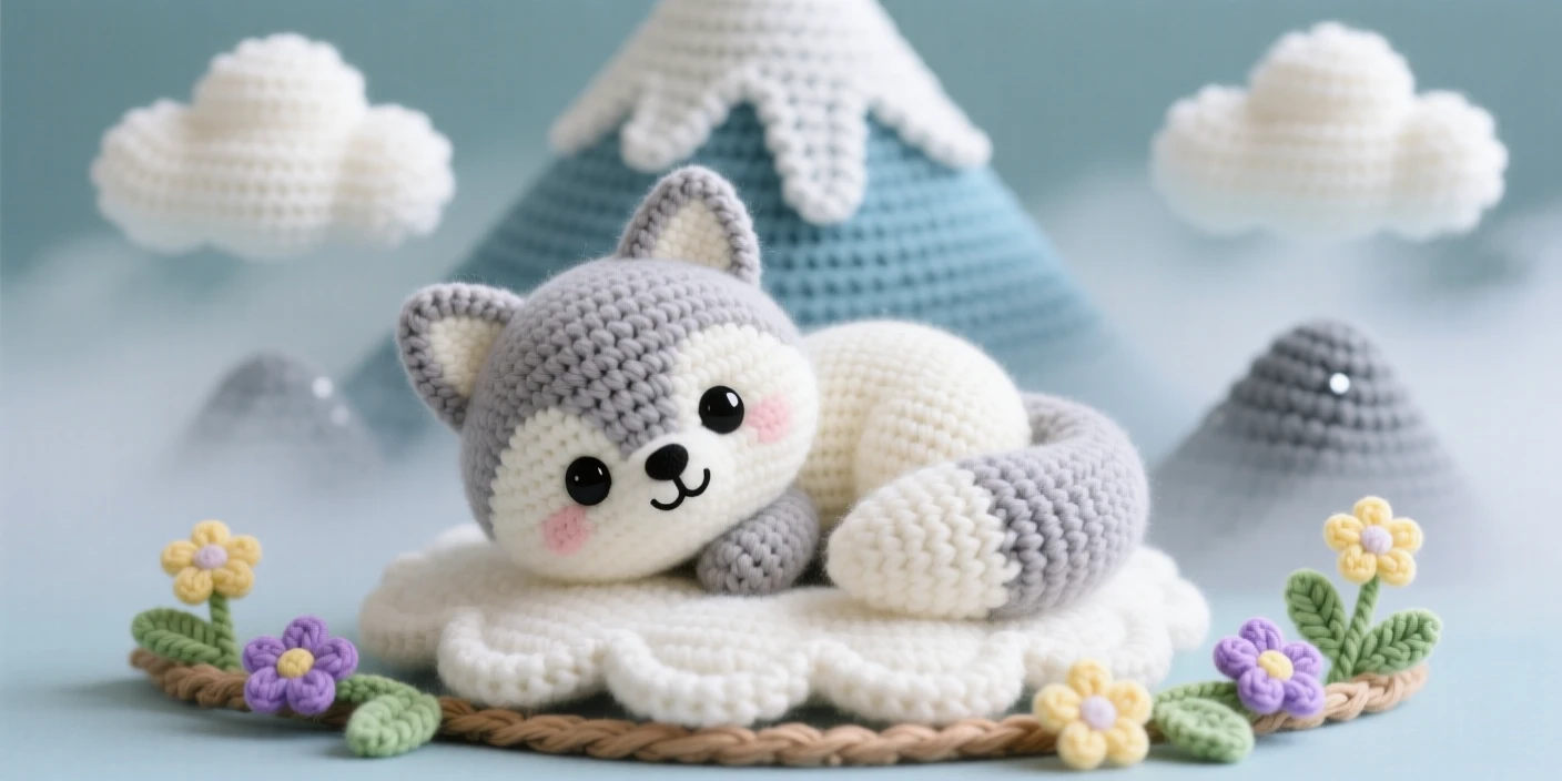 a round baby cloud fox, with a fluffy misty tail, curling up to nap on a soft cloud, within a misty mountain peak wrapped in soft clouds, near a garland of woven wildflowers, radiating a sense of gentle magic and quiet wonder.