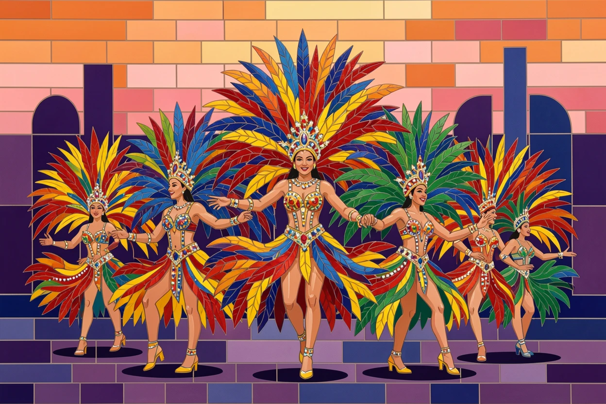 A lively Rio Carnival parade with dancers in elaborate feathered costumes.
