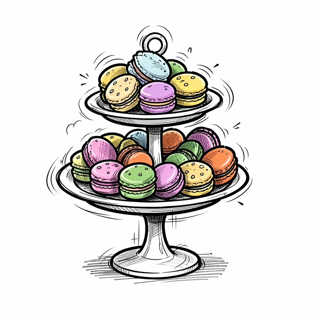 A plate of colorful macarons served on a tiered dessert stand.