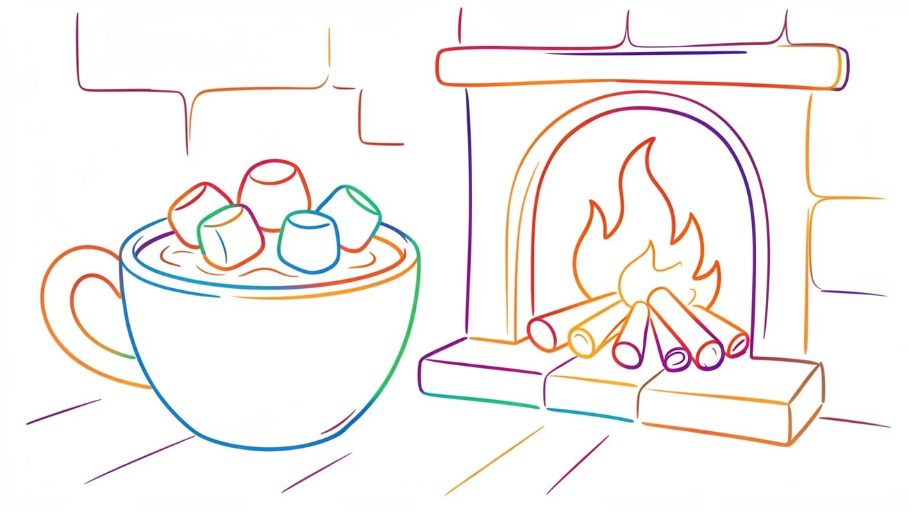 A cup of hot chocolate topped with marshmallows beside a crackling fireplace.
