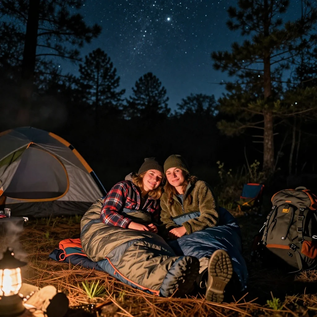 Two friends camp under the stars, sharing one sleeping bag zipped together against the cold.