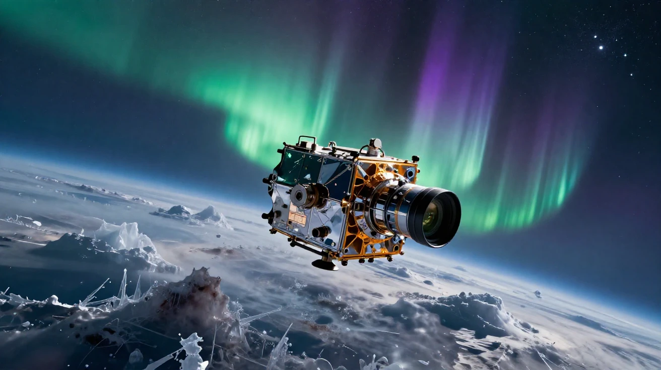 An orbiting satellite gathering data beneath the shimmering aurora within a vast icy nebula
