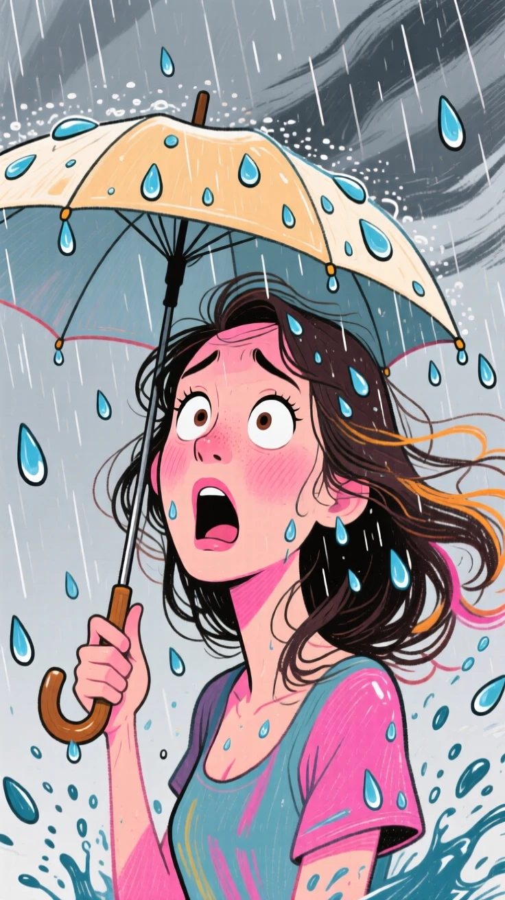 A woman holding a tiny umbrella completely useless against a sudden downpour.