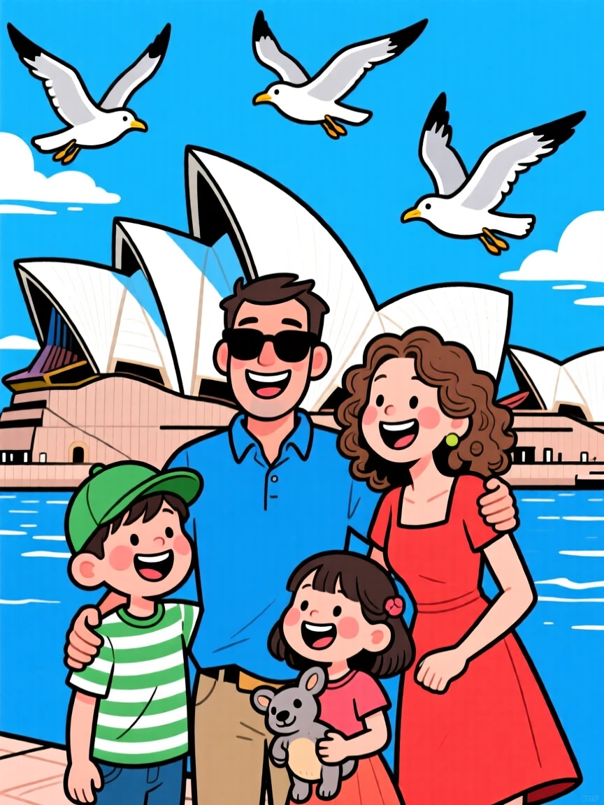 An iconic travel scene featuring a family posing joyfully in front of the Sydney Opera House, seagulls swooping overhead.