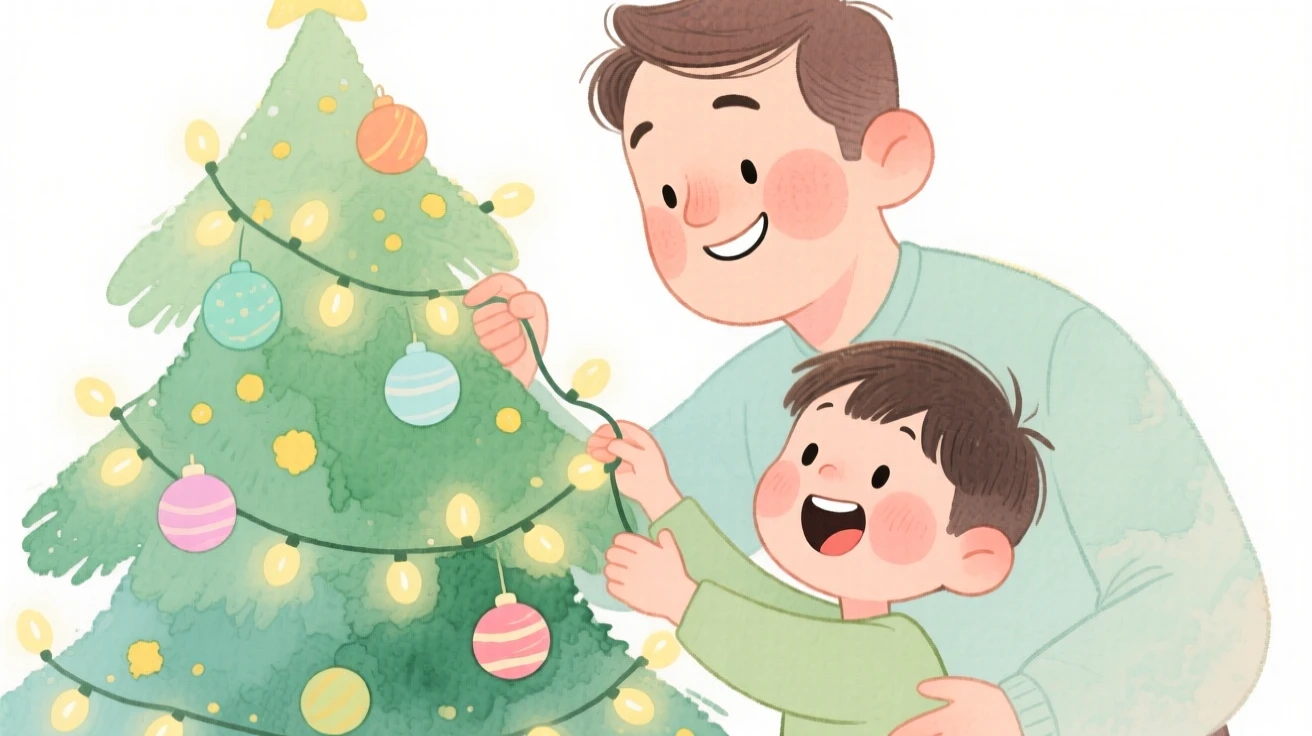 A father and son decorating a Christmas tree with twinkling lights