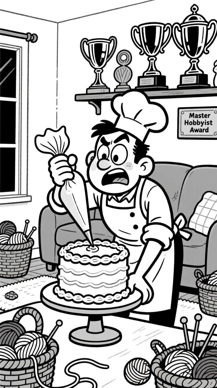 A baker piping frosting with surgeon-like precision, clinging on with one hand and a wide-eyed grimace, set in a cozy living room surrounded by yarn baskets. A trophy shelf gleams in the background. The image is a playful ode to hobbies people truly love.
