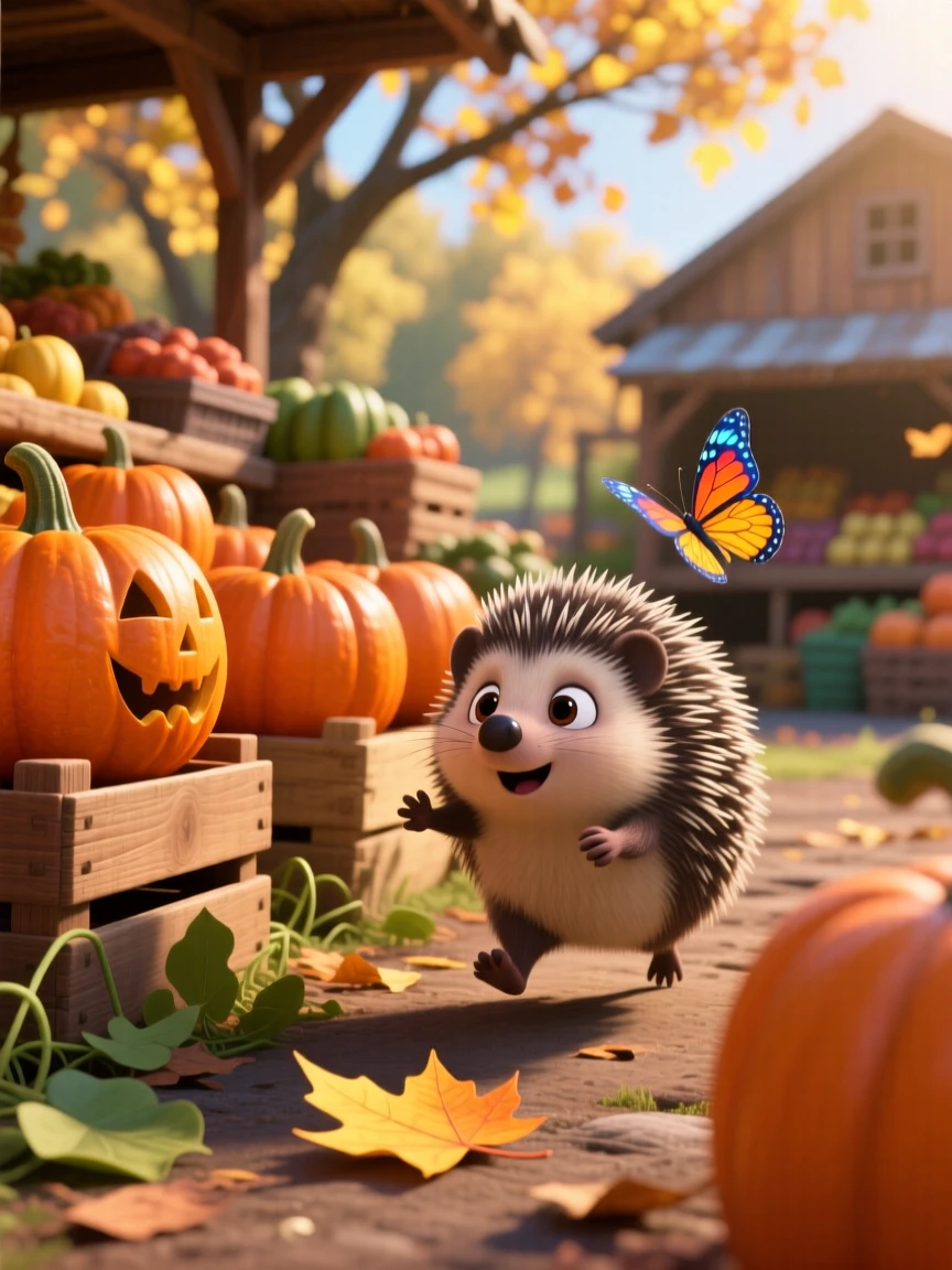 A tiny hedgehog is hiding among rows of pumpkins at a farm stand, chasing a fluttering butterfly. The scene feels warm and heartwarming, with a single fallen leaf beside it.