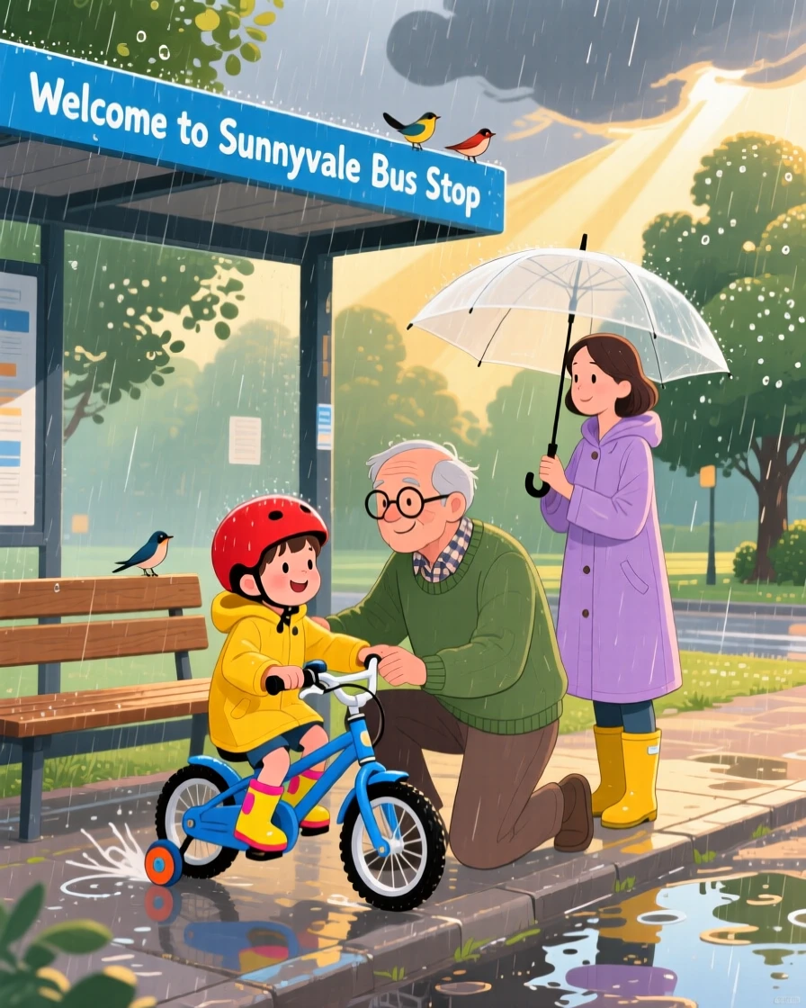 A boy and his grandfather share a tender moment learning to ride a bike with a patient helper close by in a rainy bus stop, while the sun breaks through the clouds.