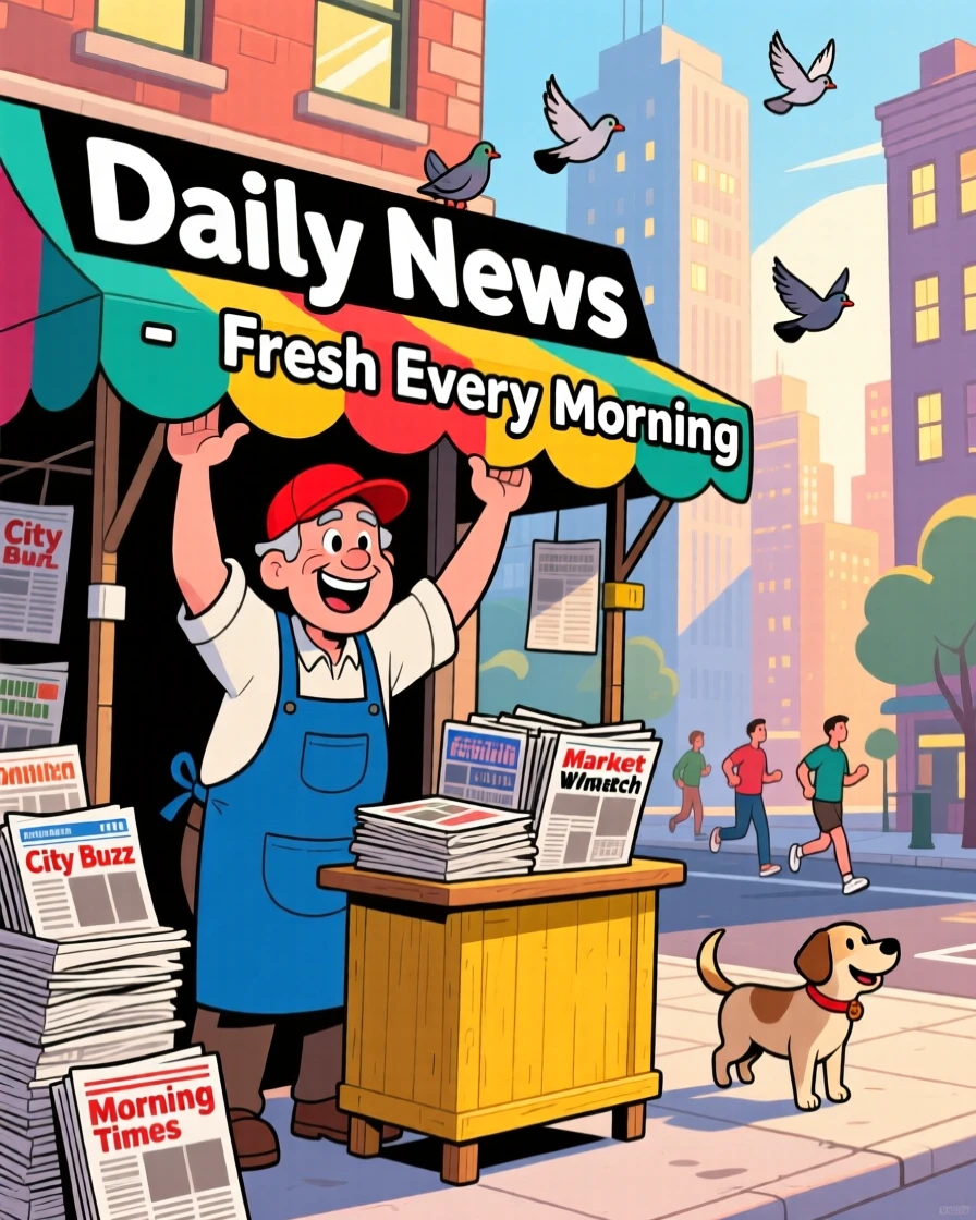 A newspaper vendor opening their stand as the city wakes up.
