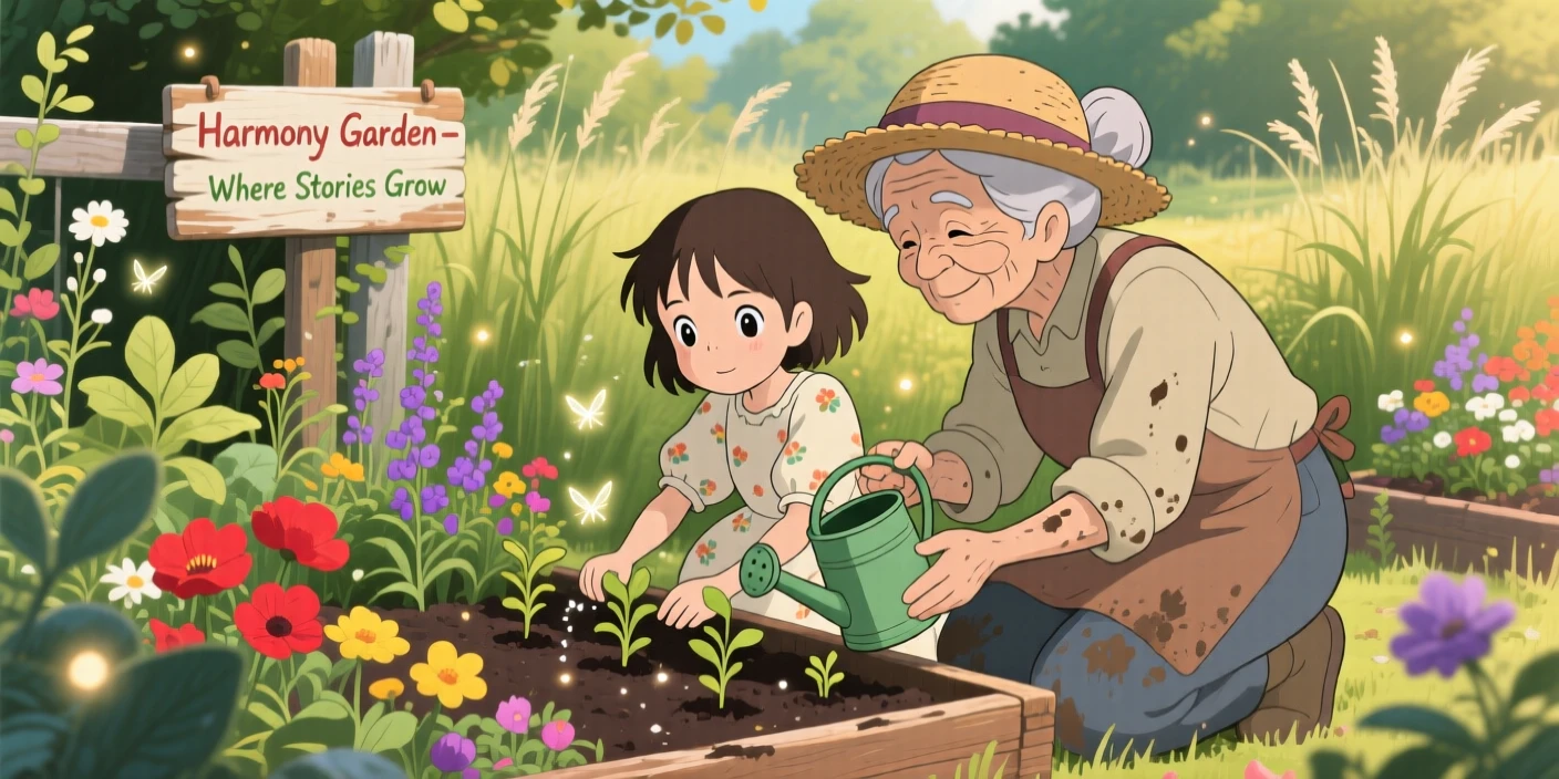A tender moment of a young girl and an elderly neighbor tending a garden together, the scene warmly nostalgic.