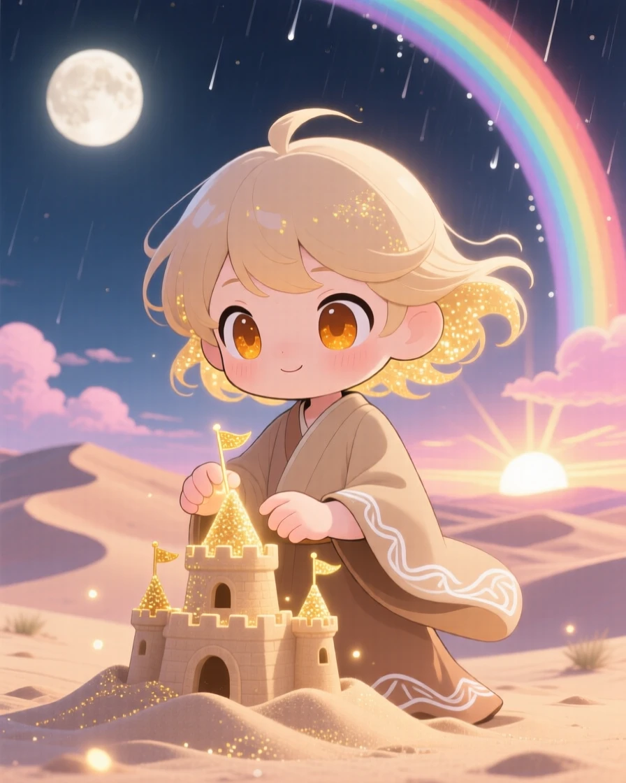 Waist-up portrait of a sandy desert spirit, shaping a small dune into a castle, in a moonlit desert dunescape, under a rainbow after the rain, illuminated by rays of sunrise breaking through clouds, radiating peaceful calm.