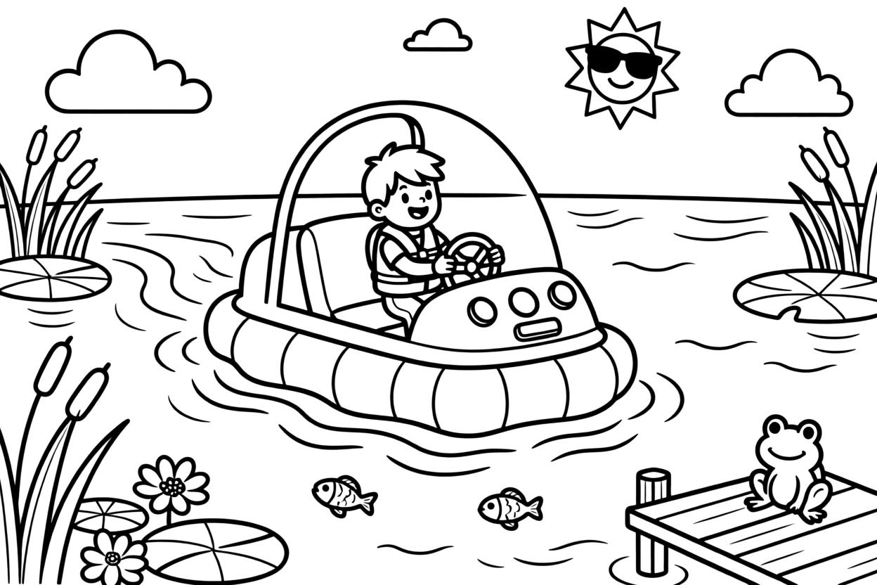 A hovercraft skimming across a lake