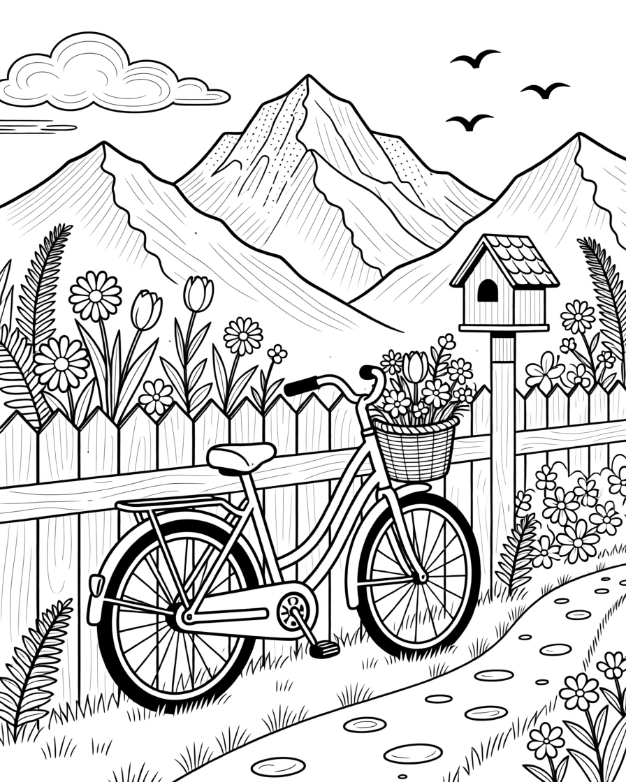 A bicycle with a flower basket leaning against a garden fence, with mountains rising dramatically in the background.