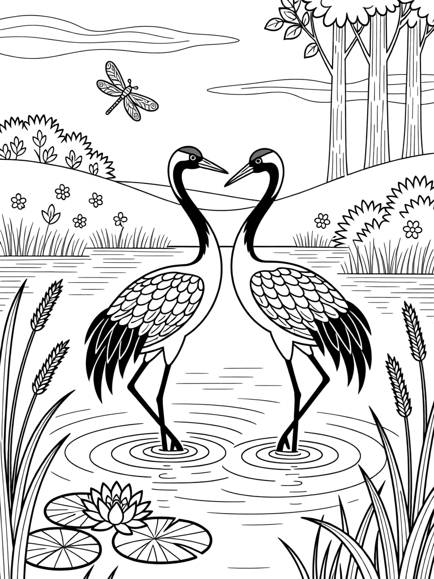 A pair of cranes dancing together in a wetland clearing.
