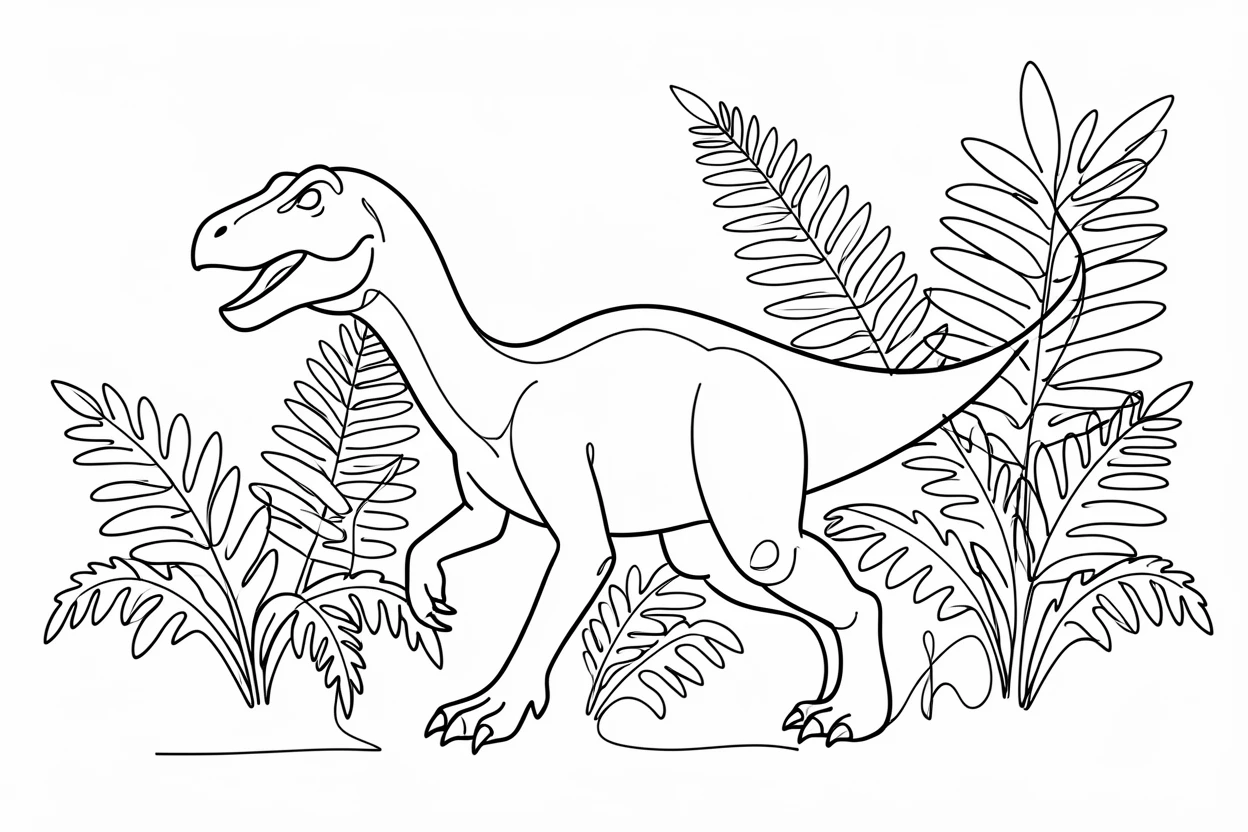 An Allosaurus stalking prey through a fern-covered Jurassic forest