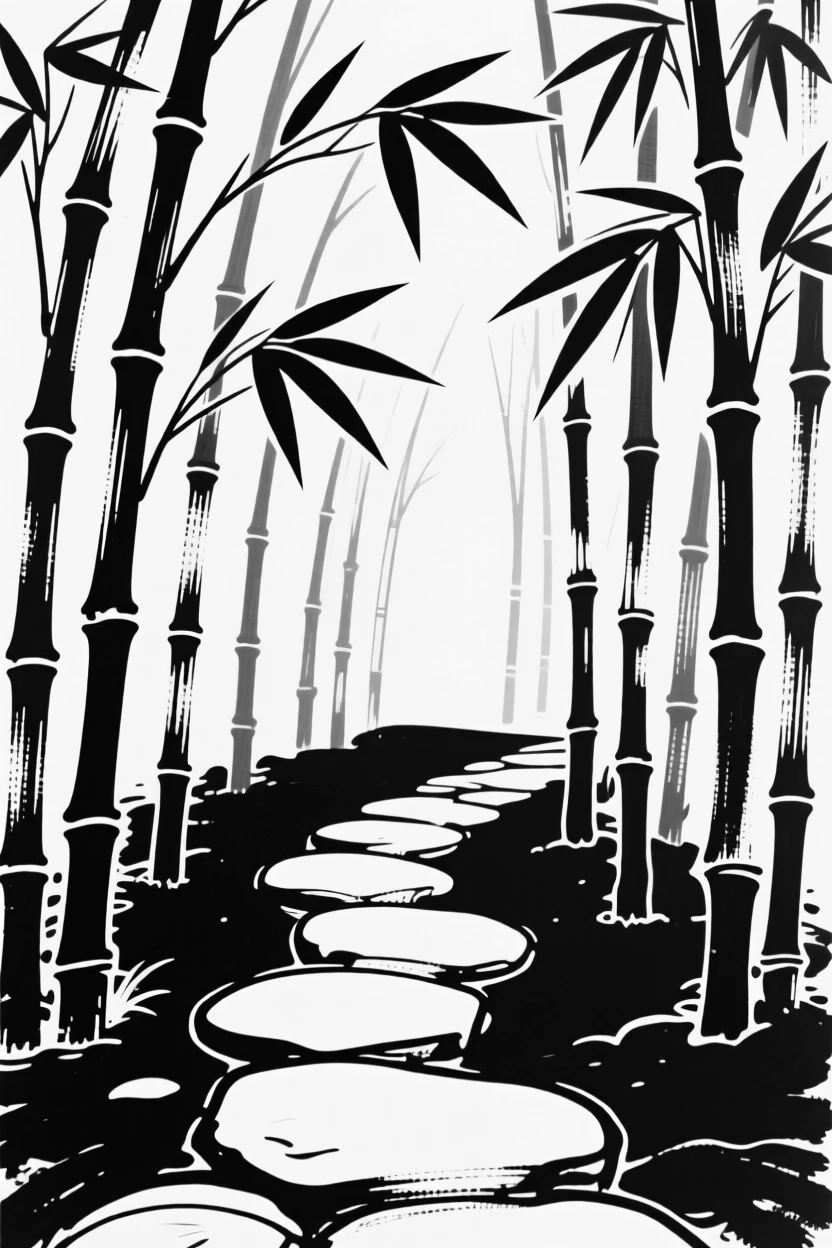 A tranquil bamboo forest with a narrow stone path winding through it.