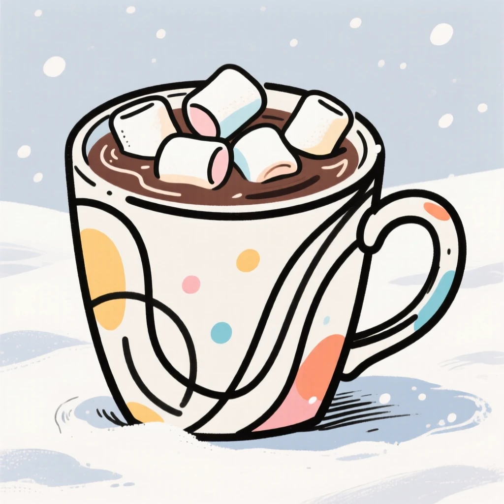 A cup of hot chocolate topped with marshmallows on a snowy day.