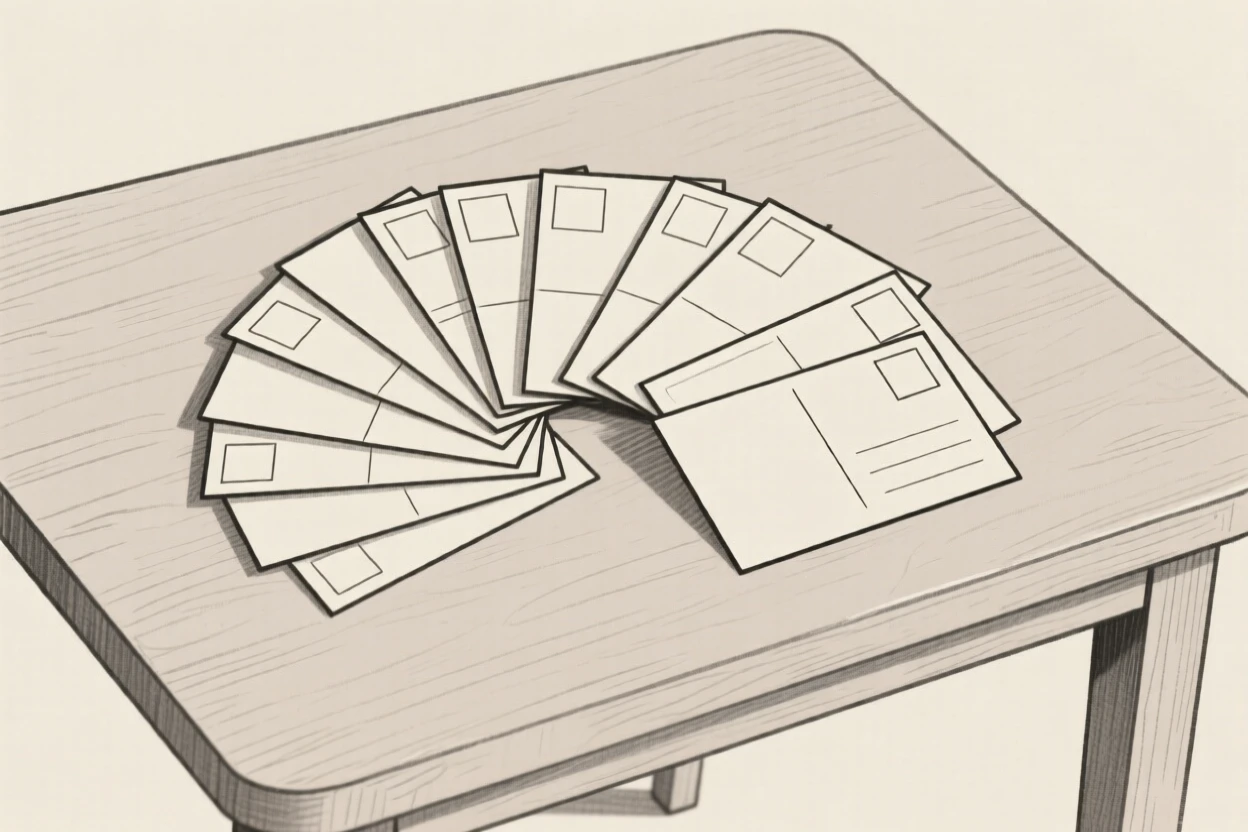 A collection of vintage postcards fanned out on a table