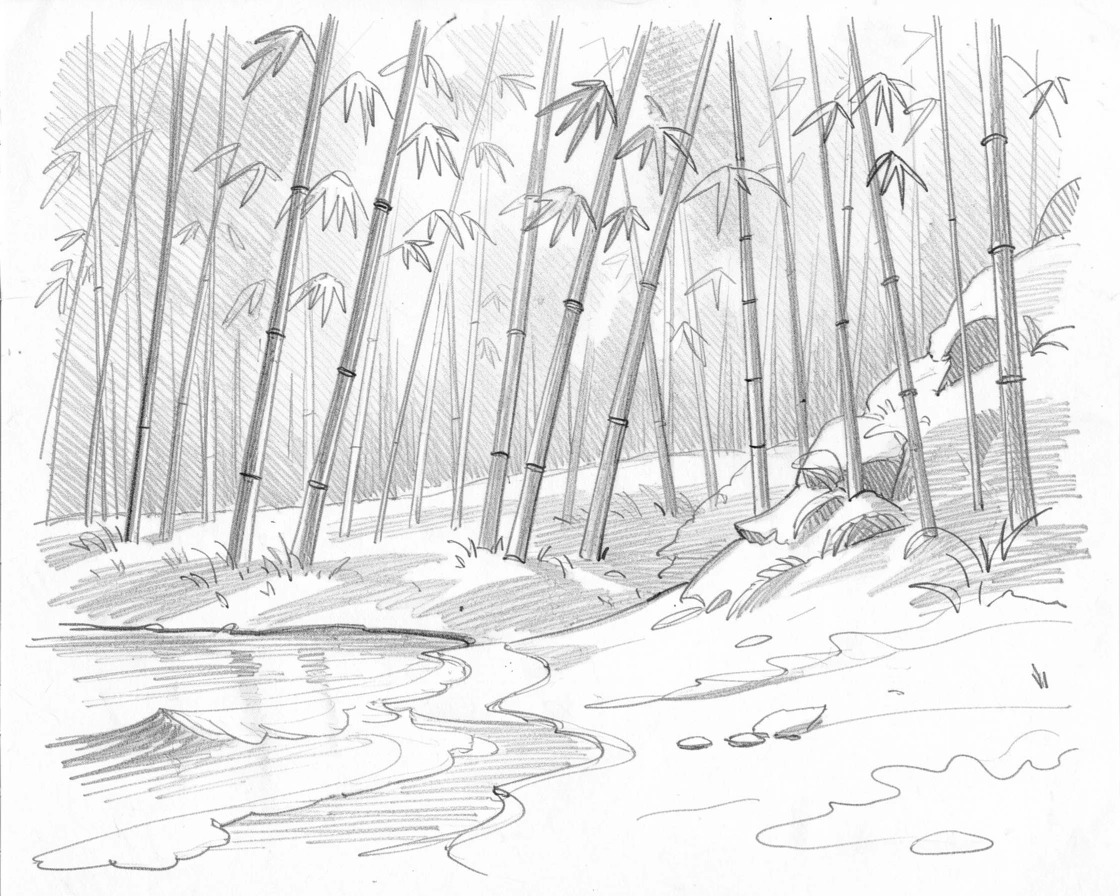 Sweeping landscape of a tranquil bamboo forest sparkling under crisp winter sunlight, with gentle waves lapping at the shore.