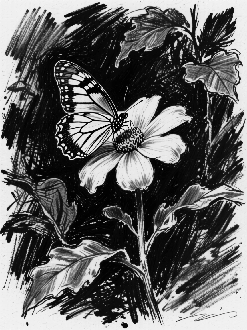 A butterfly resting on a flower peeking out curiously from behind foliage.