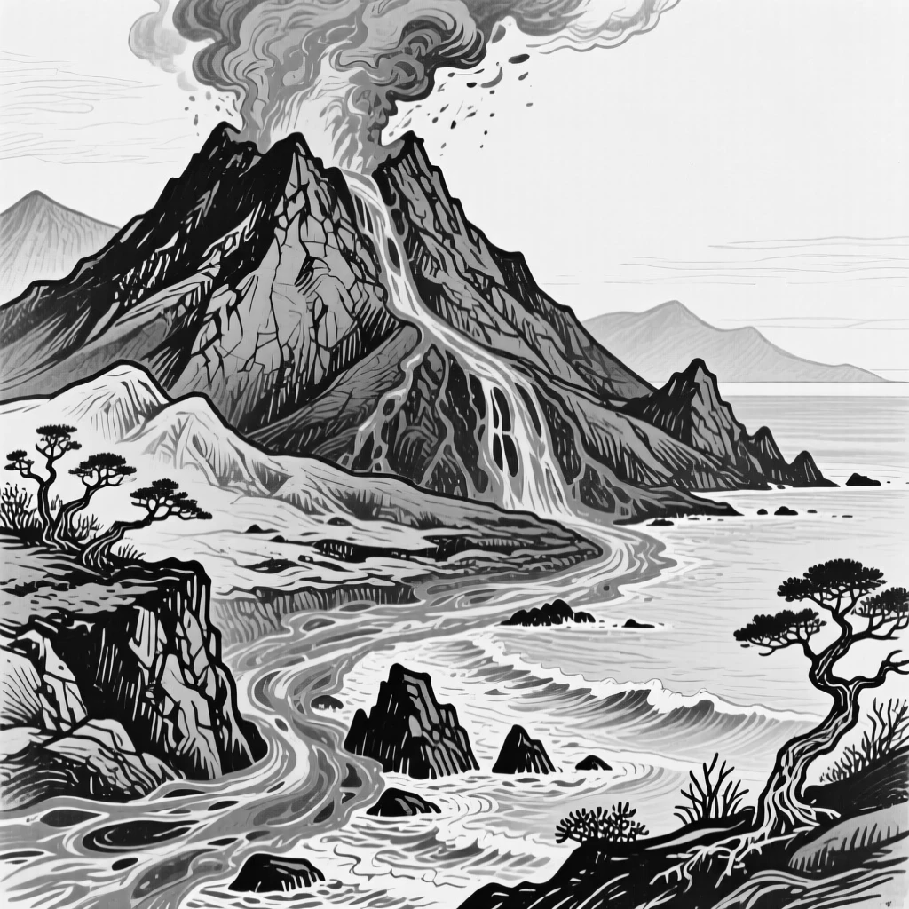 A volcanic landscape with glowing lava flowing slowly toward the sea.