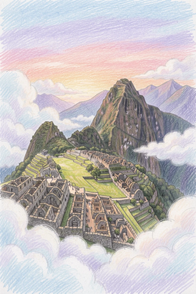 The ancient ruins of Machu Picchu wrapped in morning clouds, with soft clouds drifting across a colorful sky, full of romance and quiet awe.