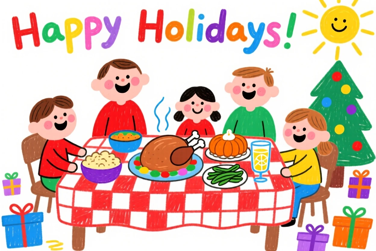A family gathered around a table for a festive holiday feast.
