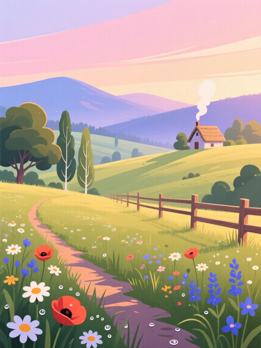 A peaceful countryside meadow at golden hour, under a soft pastel morning sky, arranged with a clear foreground, midground, and background, with a fresh, crisp clarity that highlights every detail.