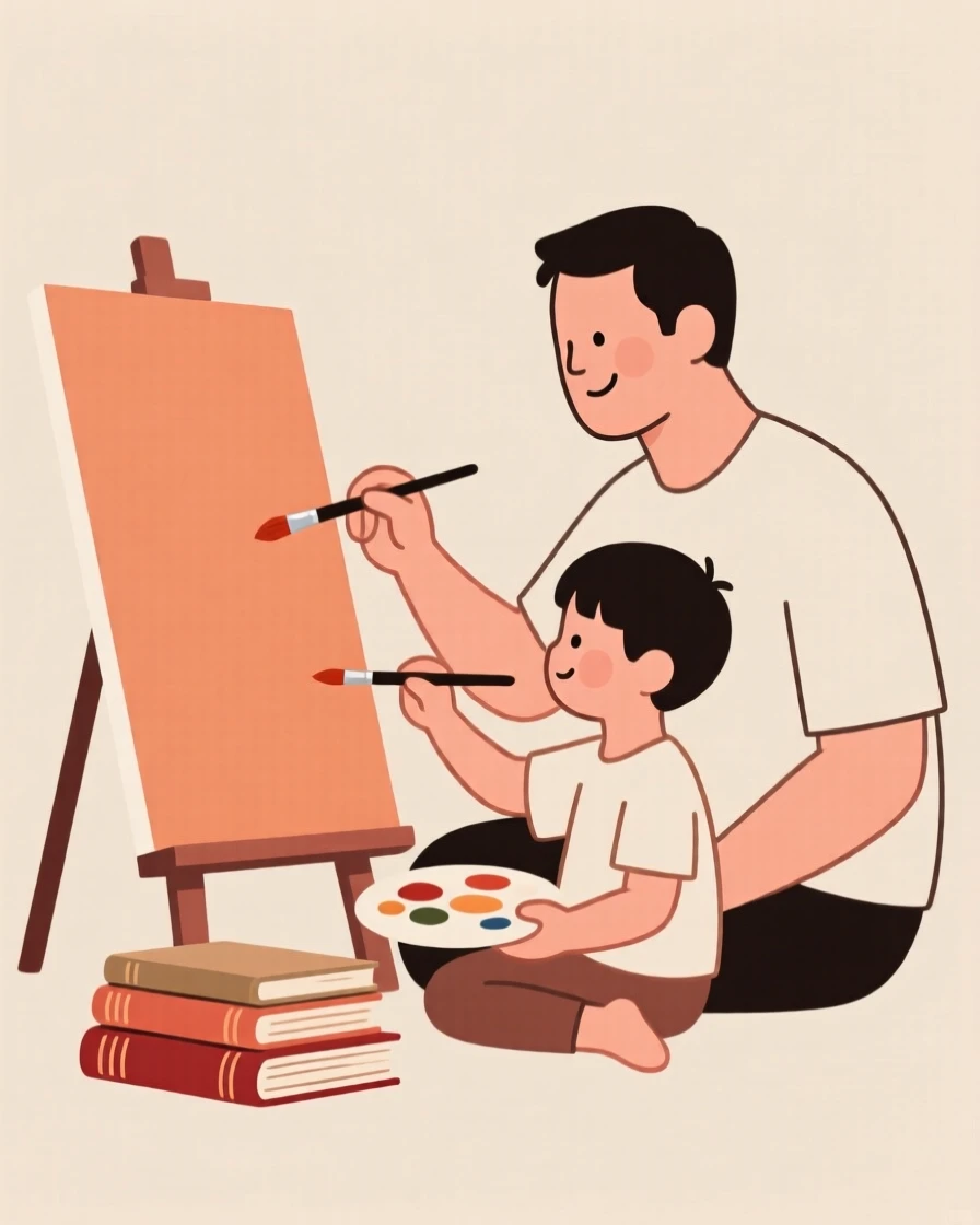 A portrait of a father and son painting on a canvas near a stack of old books, filled with warm connection.