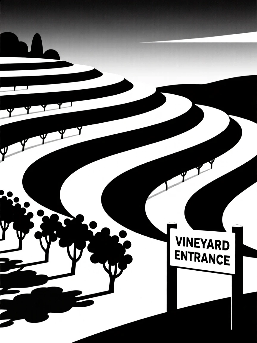 A terraced vineyard bathed in evening light.