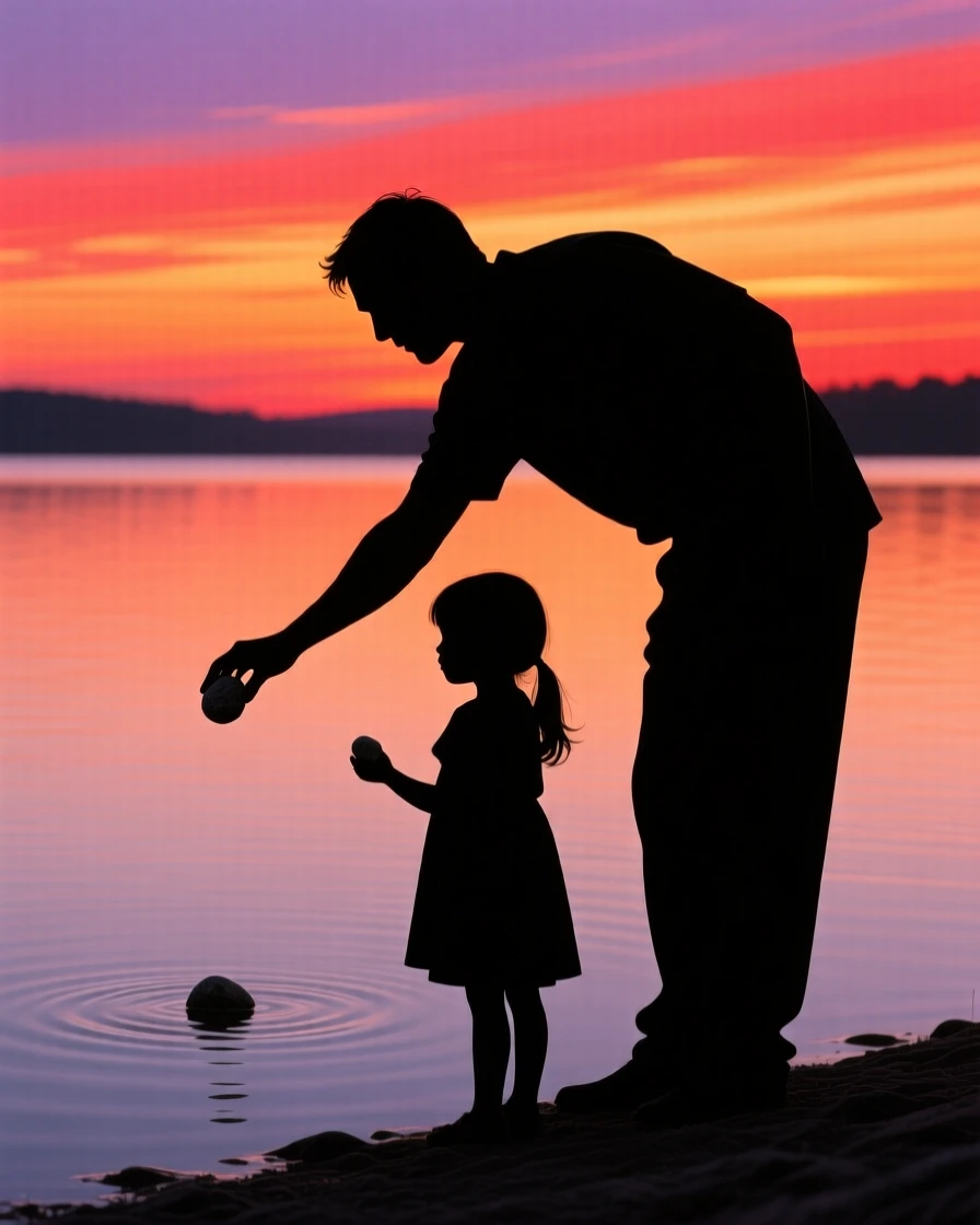 A father teaching his daughter to skip stones across a calm lake.