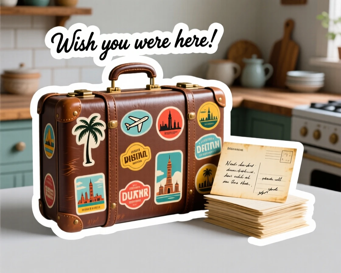 An effortlessly stylish vintage suitcase covered in travel stickers, sitting next to a stack of handwritten notes, in a cozy cottage kitchen.