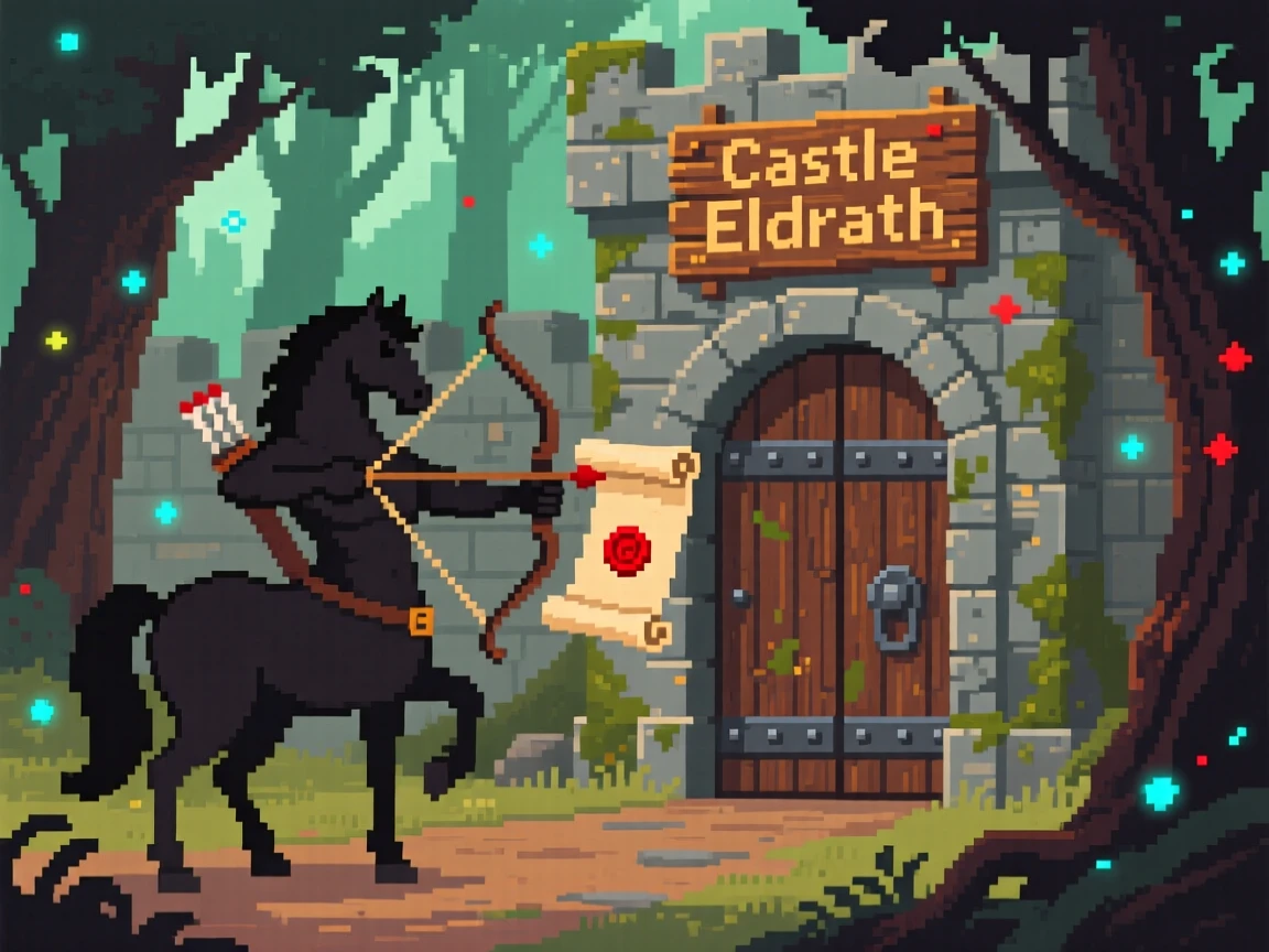 A centaur archer delivering a scroll to a castle gate, in an ancient enchanted forest.