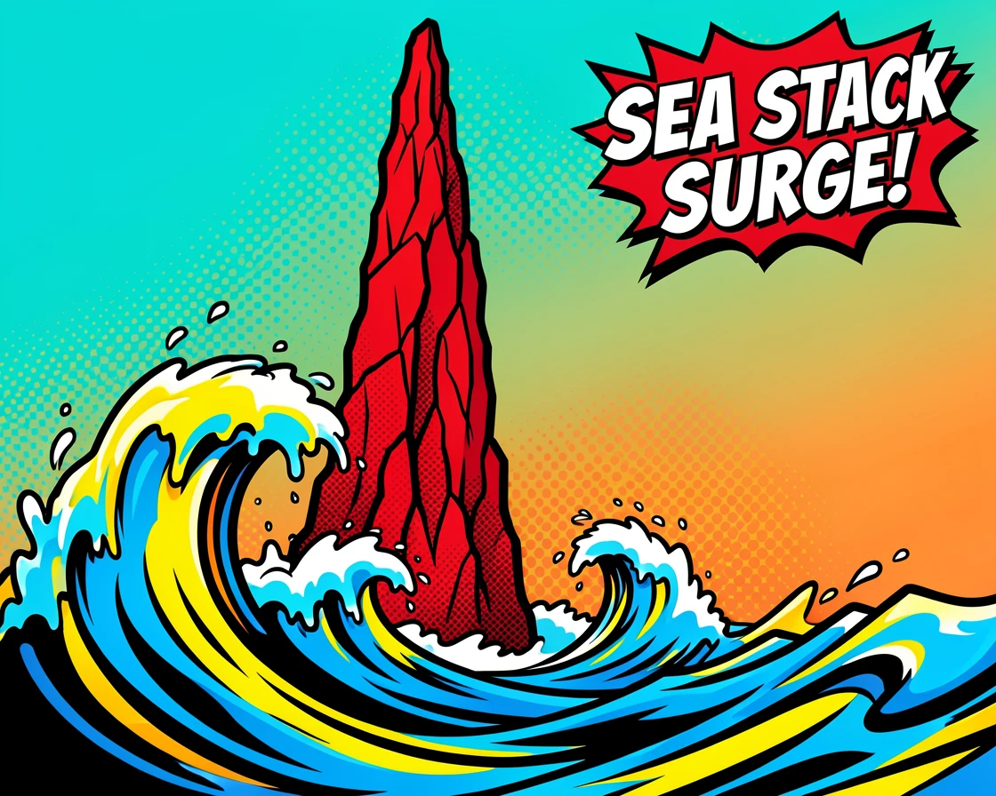 A dramatic sea stack rising from crashing ocean waves
