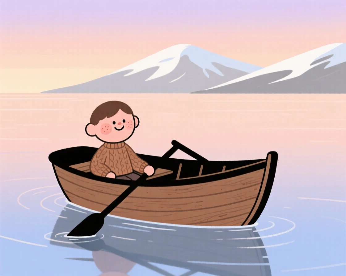 A lone small wooden rowboat drifts across a calm bay as the first light of dawn stretches across the surface and snow-capped peaks rise in the distance.